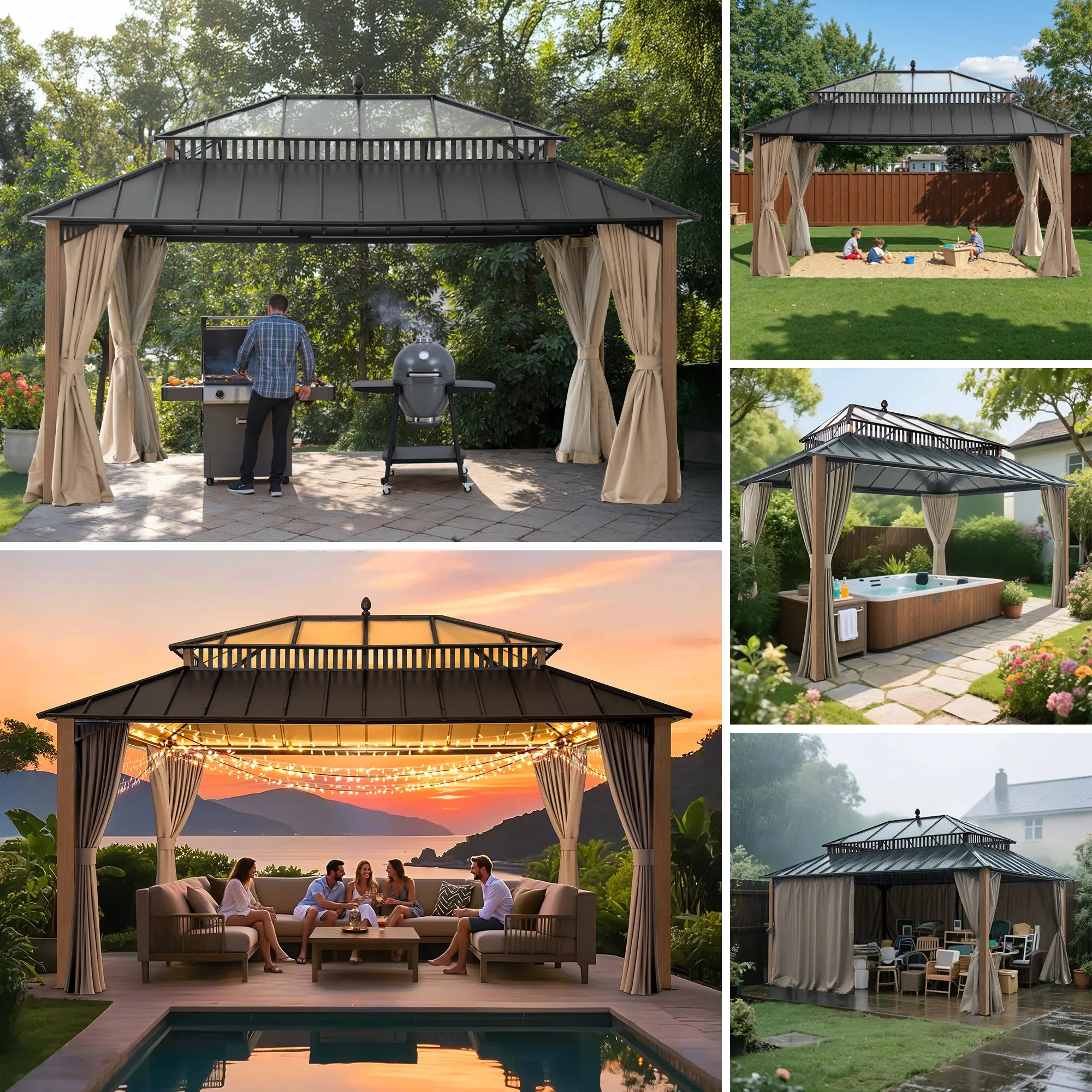 SUNJOY Kingston 12x16 Gazebo with Netting & Curtain | Steel & PC Roof - Woodgrain Aluminum Posts