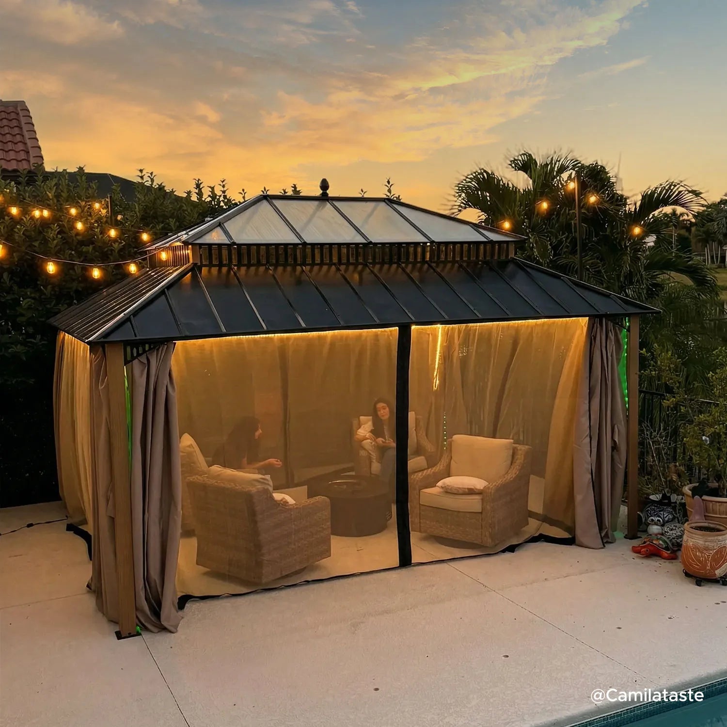 SUNJOY Kingston 12x16 Gazebo with Netting & Curtain | Steel Roof with Extra-Tall & Oversized PC Vent Top - Woodgrain Aluminum Posts