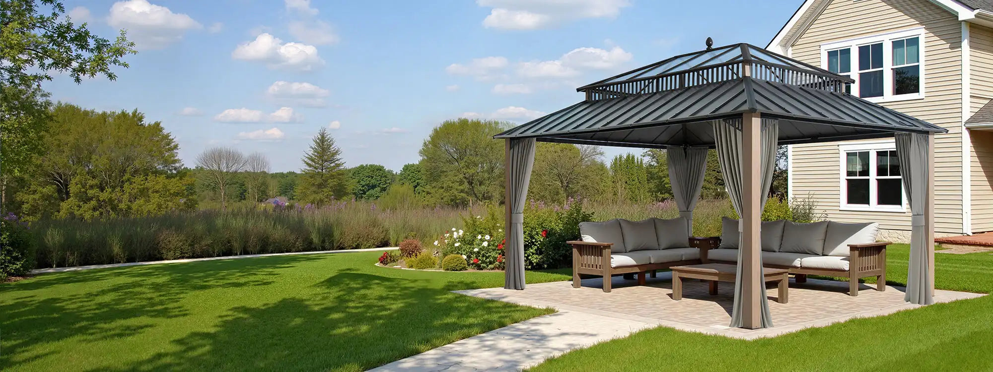 SUNJOY Kingston 12x16 Gazebo with Netting & Curtain | Steel Roof with Extra-Tall & Oversized PC Vent Top - Woodgrain Aluminum Posts