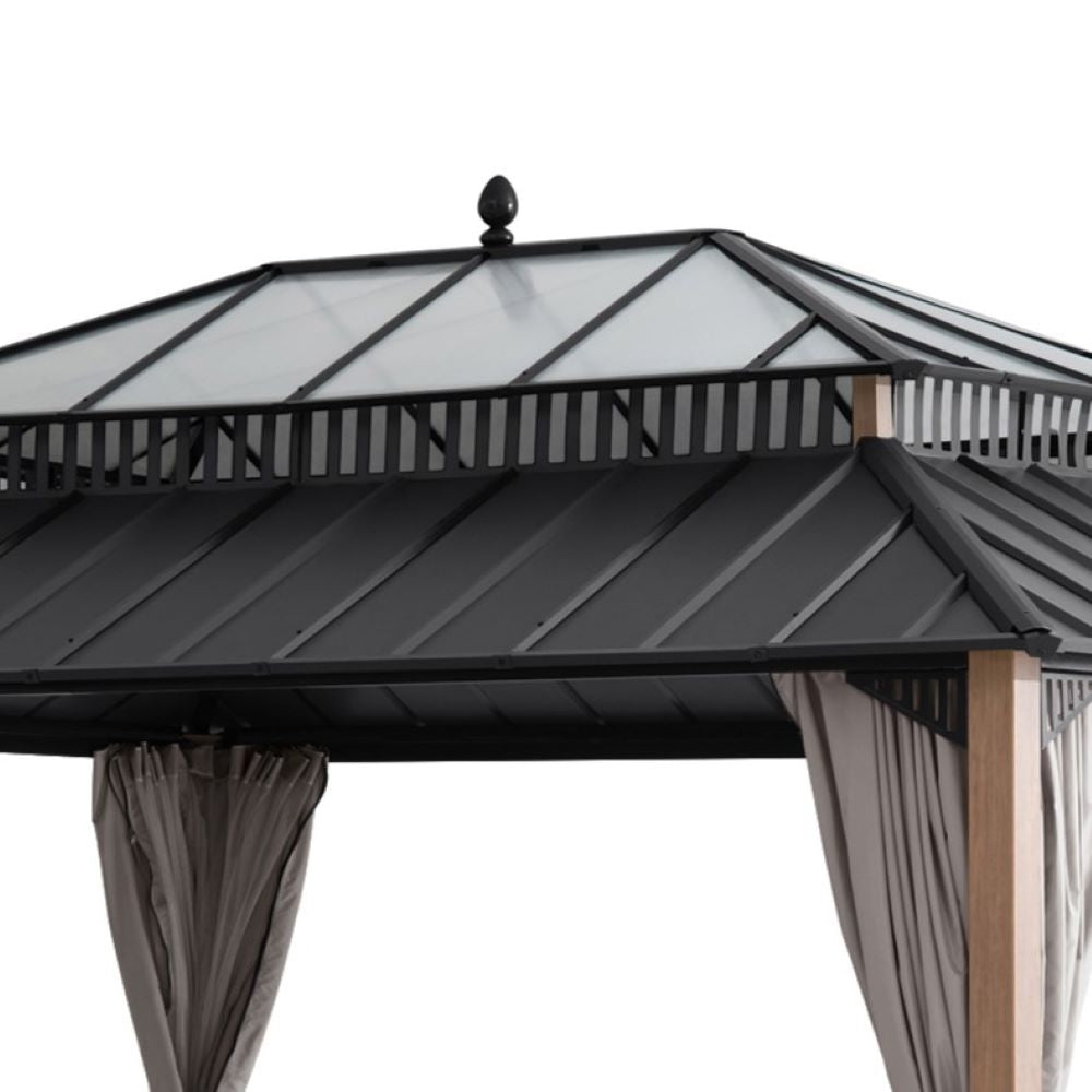 SUNJOY Kingston 12x16 Gazebo with Netting & Curtain | Steel & PC Roof - Woodgrain Aluminum Posts