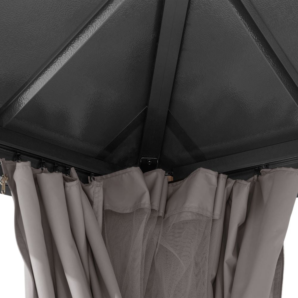 SUNJOY Kingston 12x16 Gazebo with Netting & Curtain | Steel & PC Roof - Woodgrain Aluminum Posts
