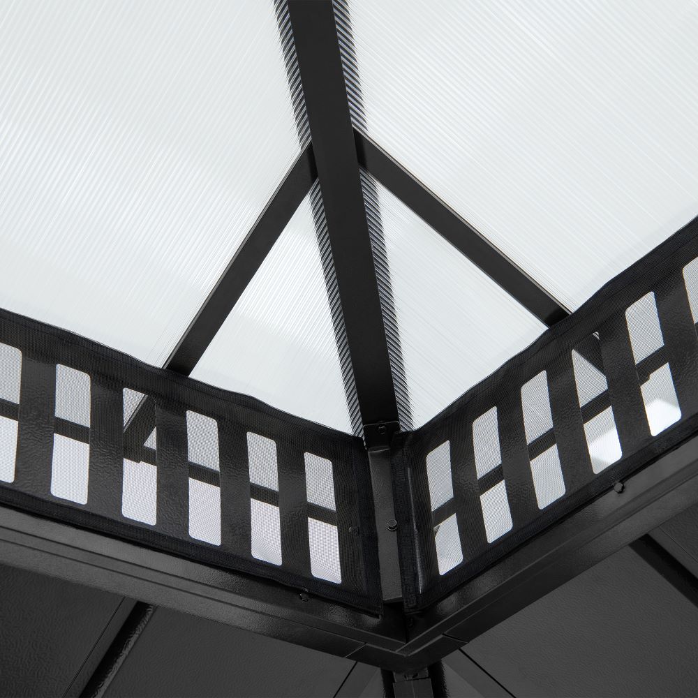 SUNJOY Kingston 12x16 Gazebo with Netting & Curtain | Steel & PC Roof - Woodgrain Aluminum Posts