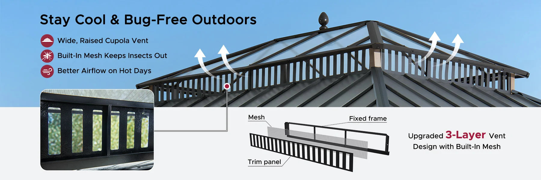 SUNJOY Kingston 12x16 Gazebo with Netting & Curtain | Steel Roof with Extra-Tall & Oversized PC Vent Top - Woodgrain Aluminum Posts