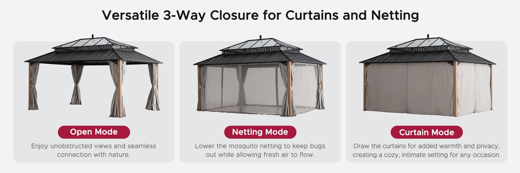 SUNJOY Kingston 12x16 Gazebo with Netting & Curtain | Steel Roof with Extra-Tall & Oversized PC Vent Top - Woodgrain Aluminum Posts