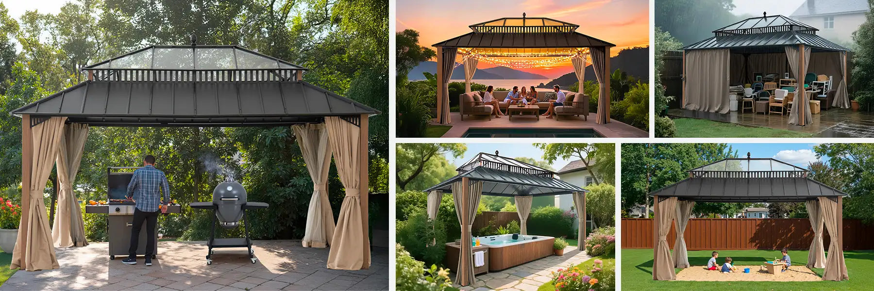 SUNJOY Kingston 12x16 Gazebo with Netting & Curtain | Steel Roof with Extra-Tall & Oversized PC Vent Top - Woodgrain Aluminum Posts