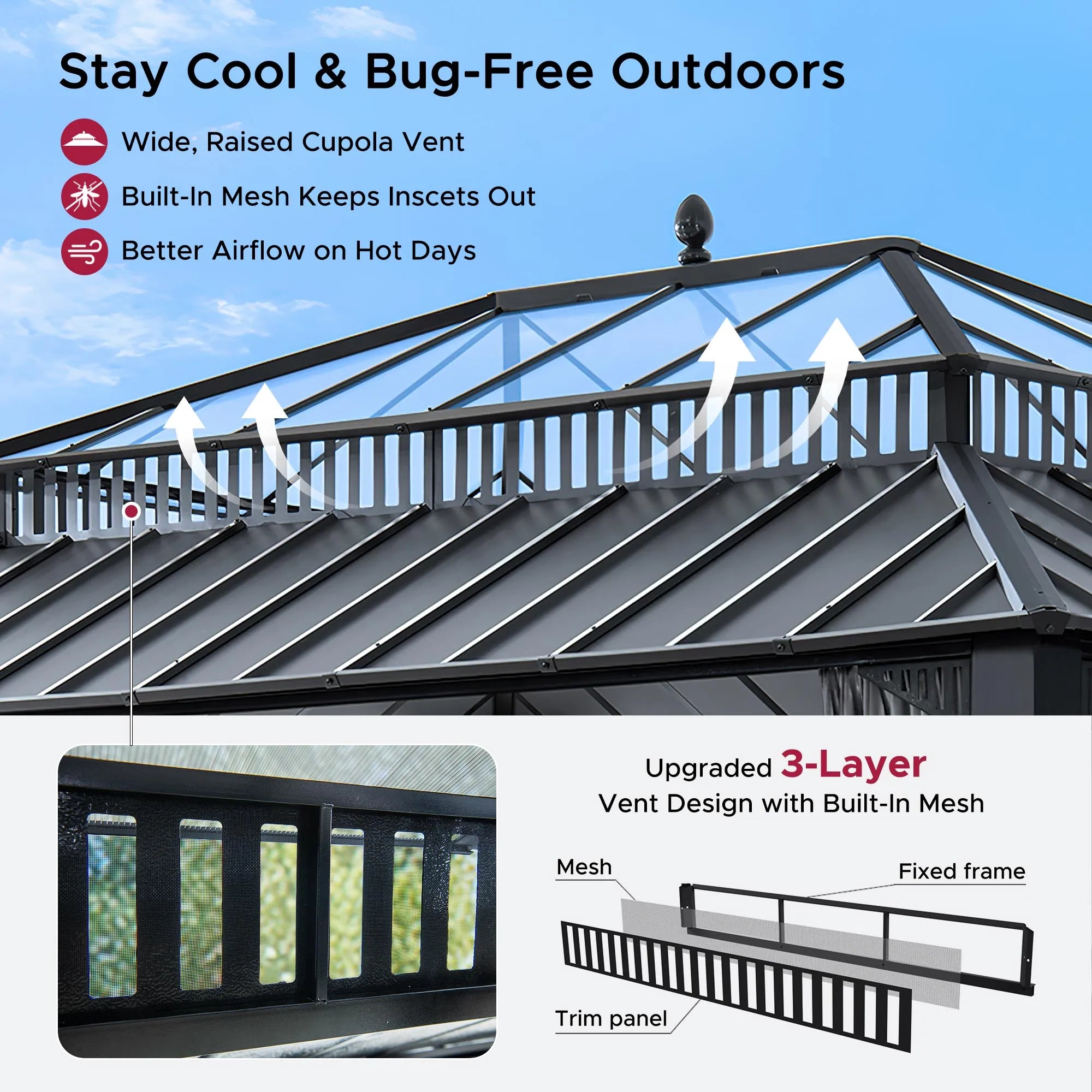 SUNJOY Kingston 12x16 Gazebo with Netting & Curtain | Steel & PC Roof - Gray Aluminum Posts