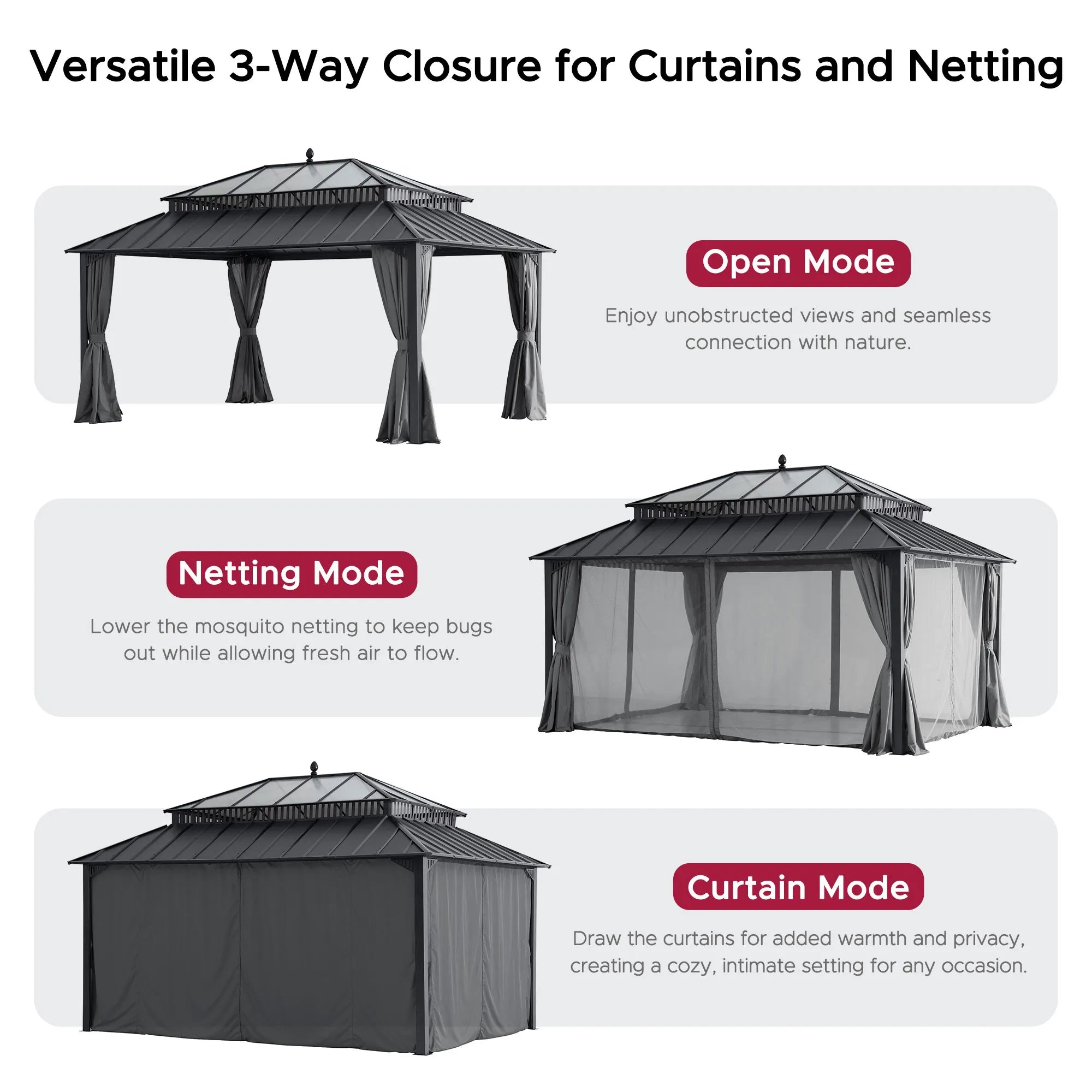 SUNJOY Kingston 12x16 Gazebo with Netting & Curtain | Steel & PC Roof - Gray Aluminum Posts