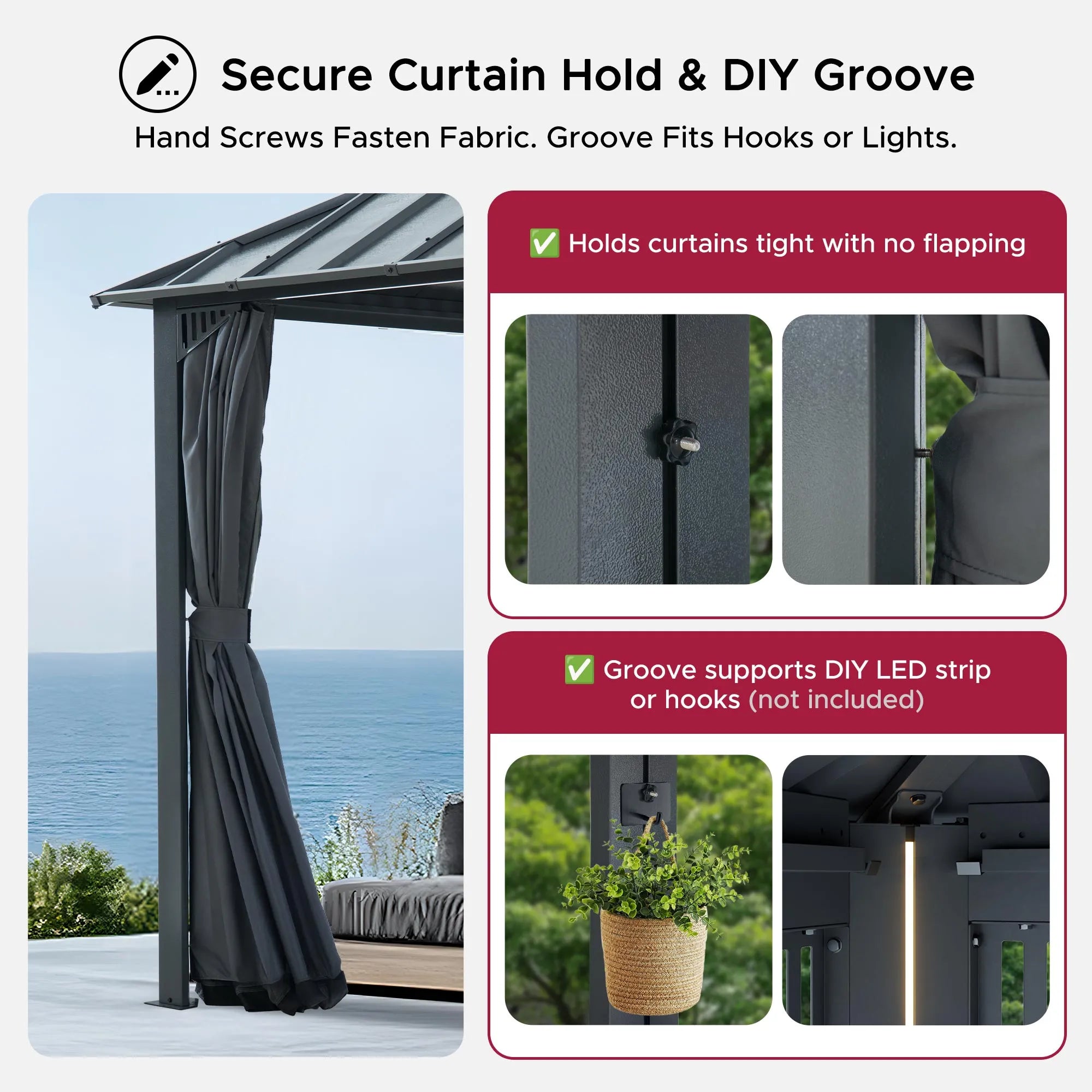 SUNJOY Kingston 12x16 Gazebo with Netting & Curtain | Steel & PC Roof - Gray Aluminum Posts