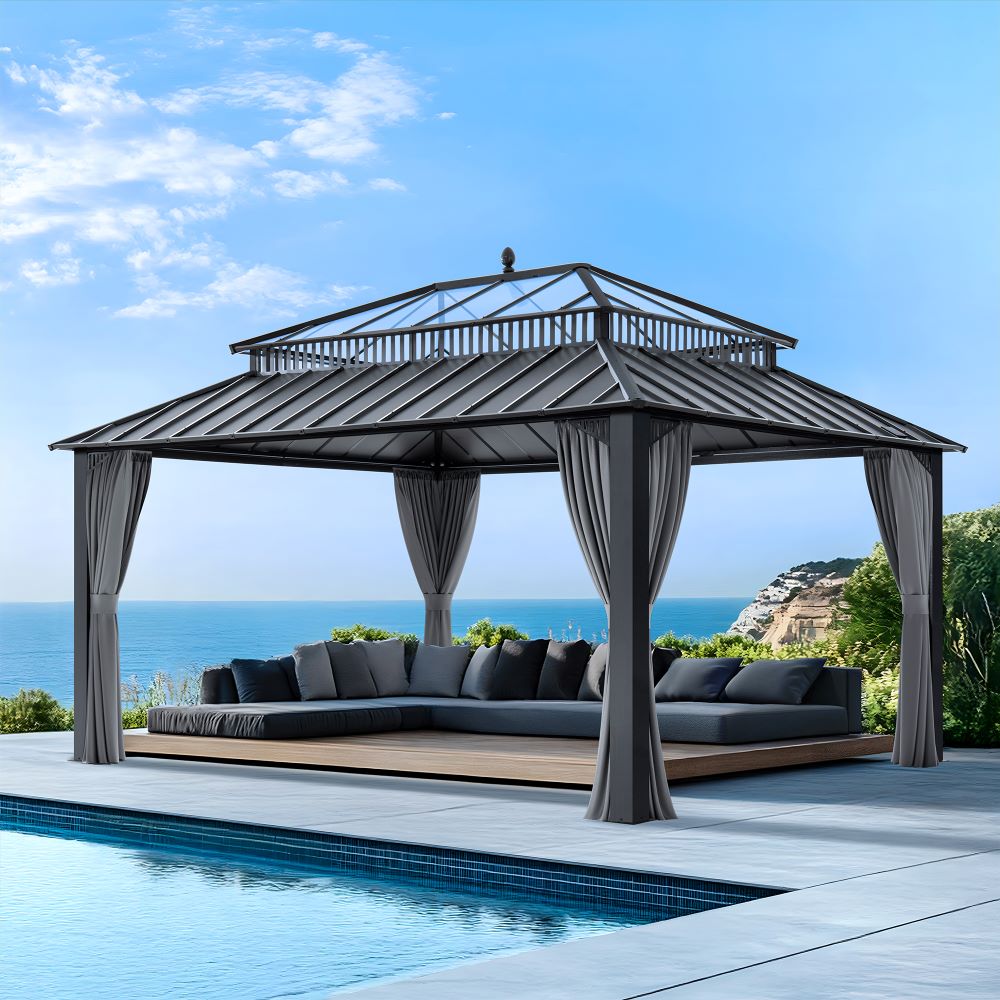 SUNJOY Kingston 12x16 Gazebo with Netting & Curtain | Steel & PC Roof - Gray Aluminum Posts
