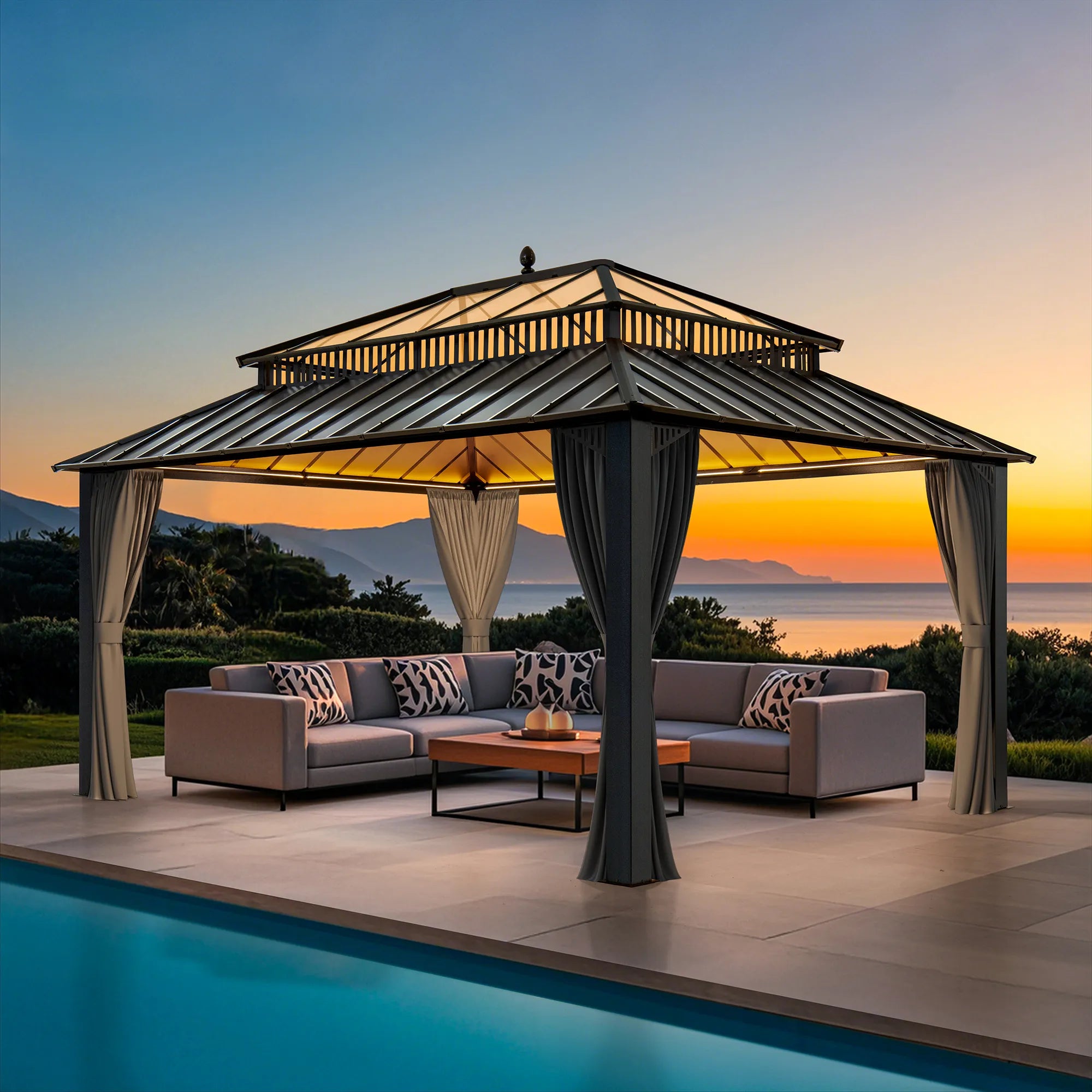 SUNJOY Kingston 12x16 Gazebo with Netting & Curtain | Steel & PC Roof - Gray Aluminum Posts