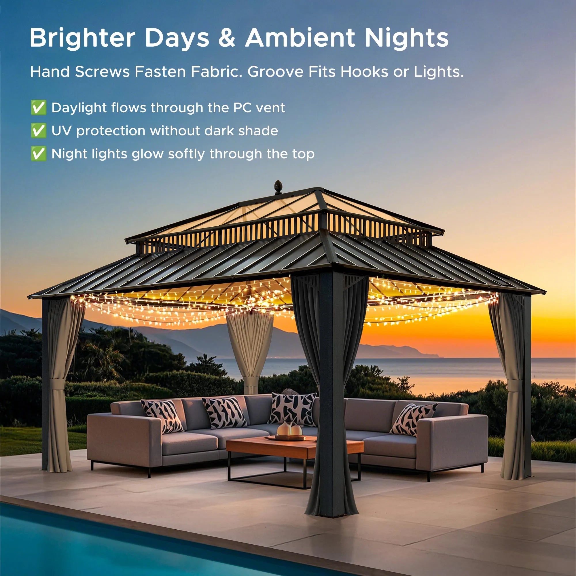 SUNJOY Kingston 12x16 Gazebo with Netting & Curtain | Steel & PC Roof - Gray Aluminum Posts