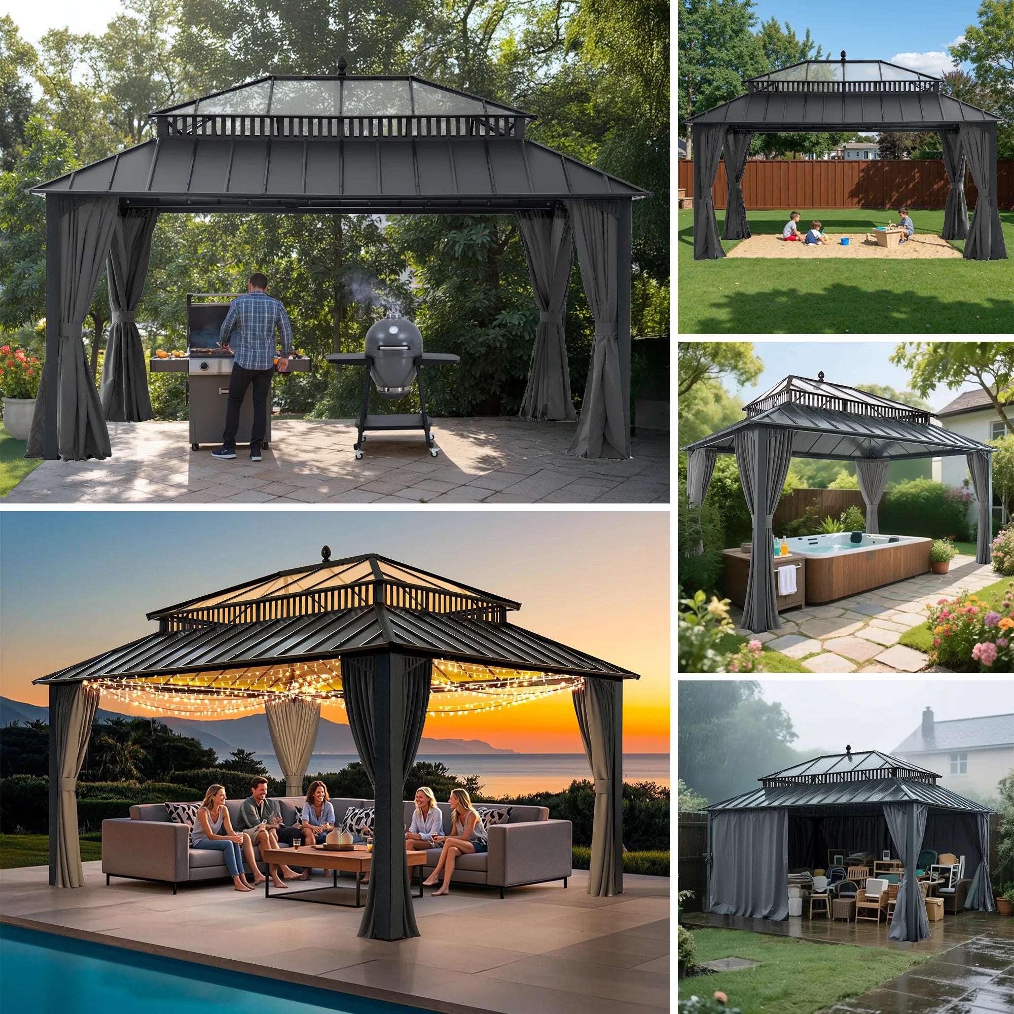 SUNJOY Kingston 12x16 Gazebo with Netting & Curtain | Steel & PC Roof - Gray Aluminum Posts