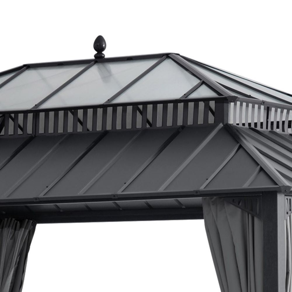SUNJOY Kingston 12x16 Gazebo with Netting & Curtain | Steel & PC Roof - Gray Aluminum Posts