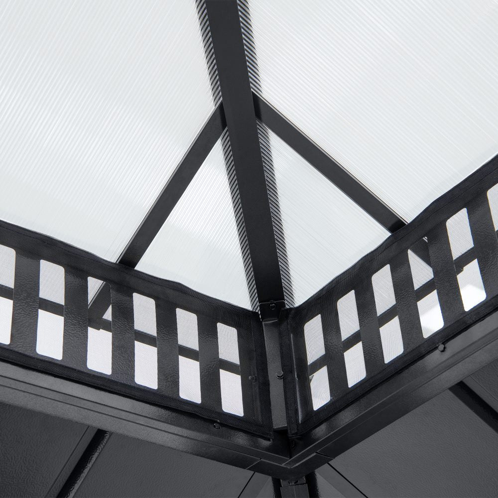 SUNJOY Kingston 12x16 Gazebo with Netting & Curtain | Steel & PC Roof - Gray Aluminum Posts