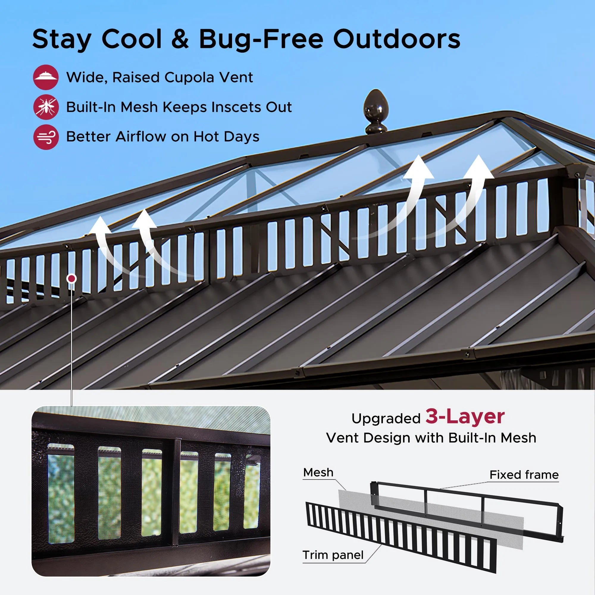 SUNJOY Kingston 12x16 Gazebo with Netting & Curtain | Steel & PC Roof - Brown Aluminum Posts