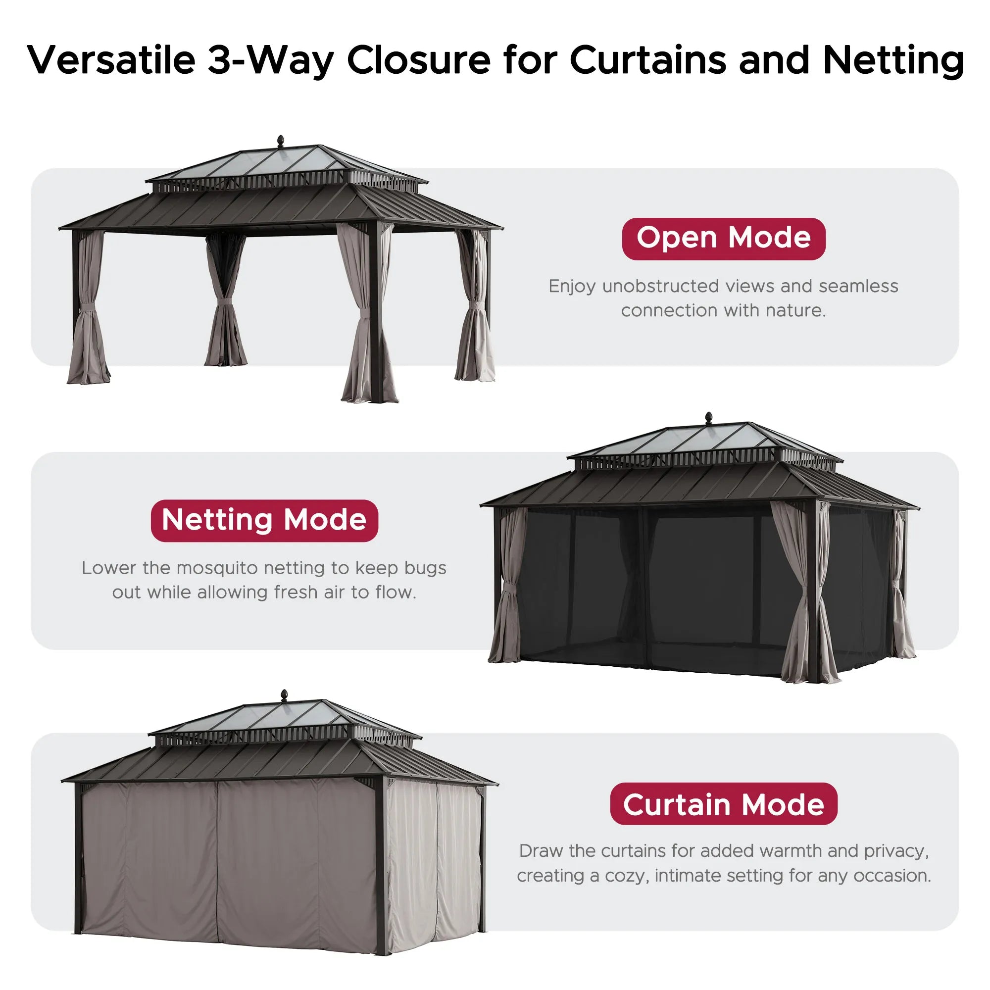SUNJOY Kingston 12x16 Gazebo with Netting & Curtain | Steel & PC Roof - Brown Aluminum Posts