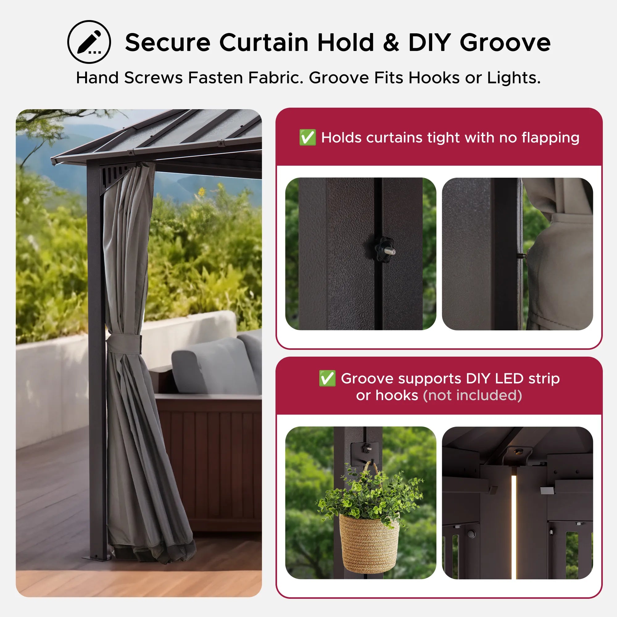SUNJOY Kingston 12x16 Gazebo with Netting & Curtain | Steel & PC Roof - Brown Aluminum Posts