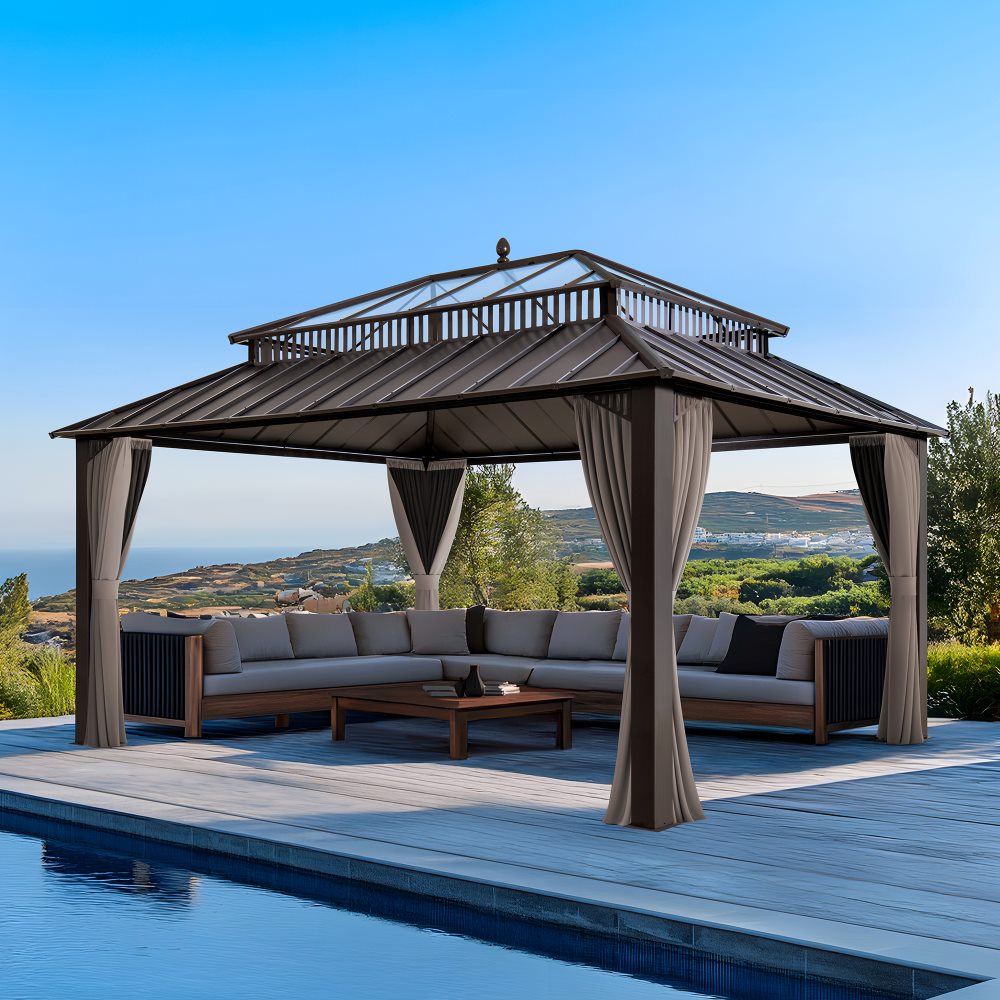 SUNJOY Kingston 12x16 Gazebo with Netting & Curtain | Steel & PC Roof - Brown Aluminum Posts