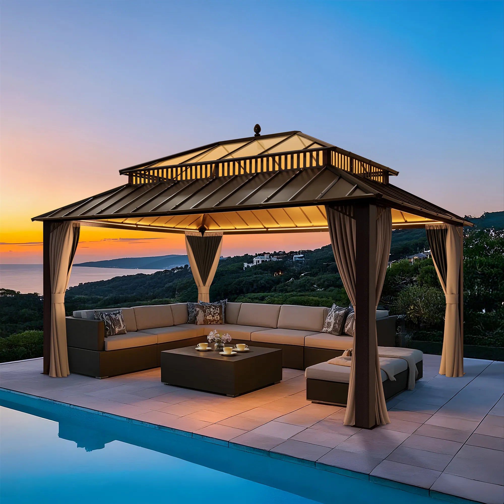 SUNJOY Kingston 12x16 Gazebo with Netting & Curtain | Steel & PC Roof - Brown Aluminum Posts