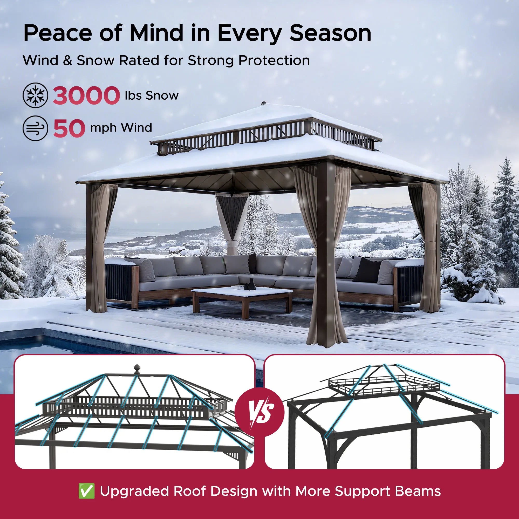 SUNJOY Kingston 12x16 Gazebo with Netting & Curtain | Steel & PC Roof - Brown Aluminum Posts