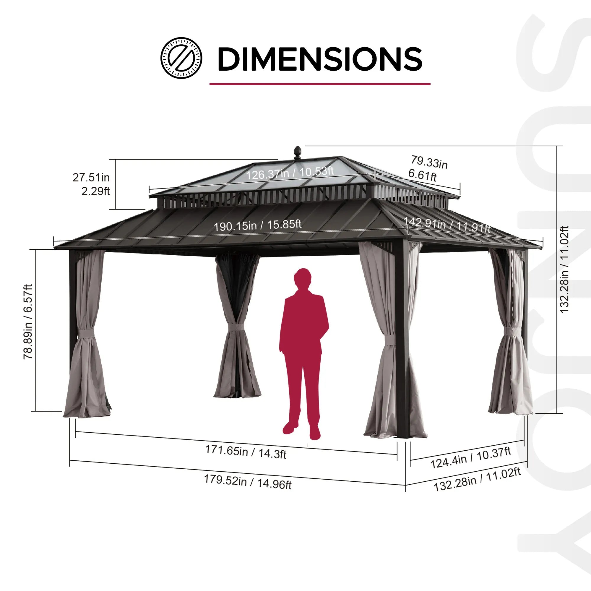 SUNJOY Kingston 12x16 Gazebo with Netting & Curtain | Steel & PC Roof - Brown Aluminum Posts