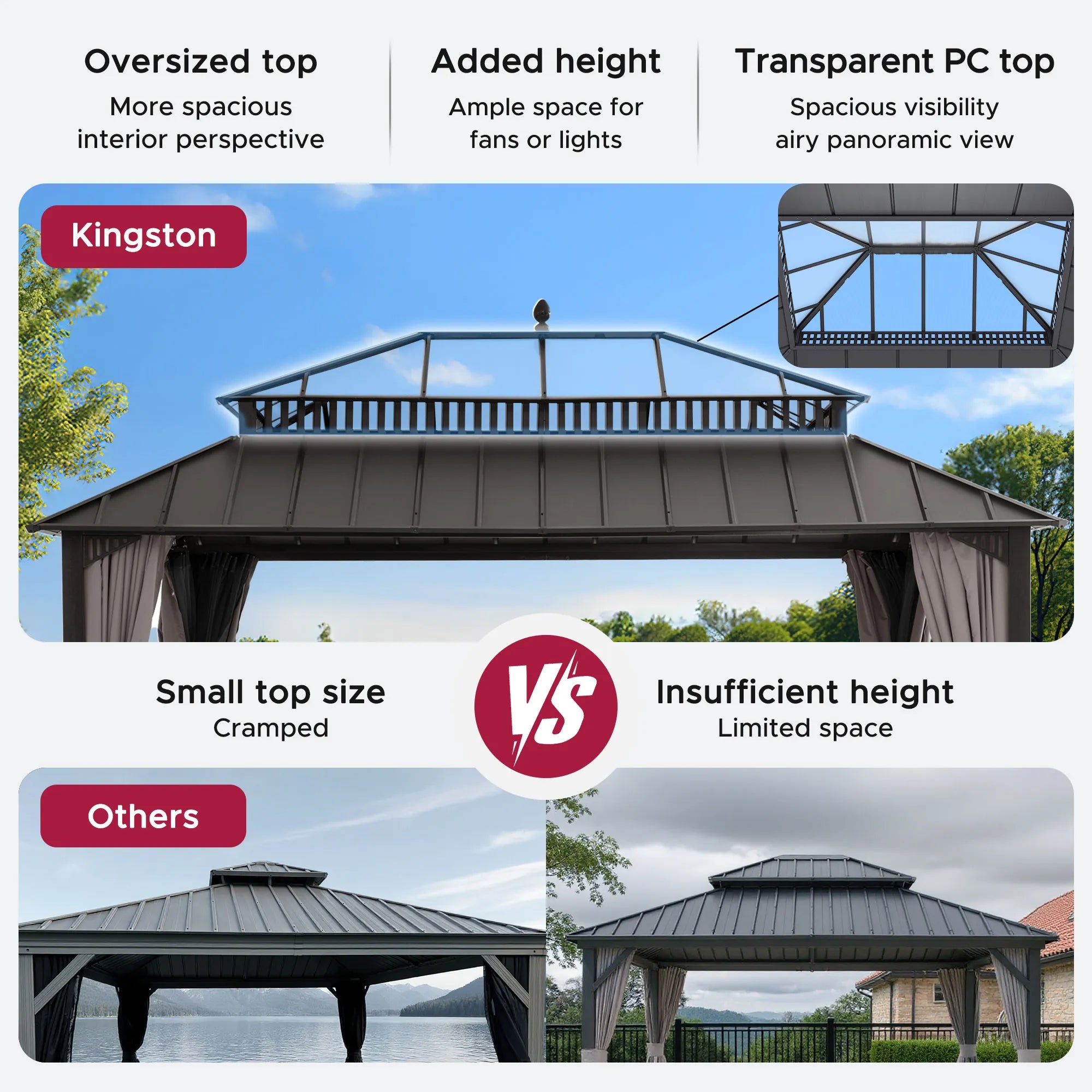 SUNJOY Kingston 12x16 Gazebo with Netting & Curtain | Steel & PC Roof - Brown Aluminum Posts