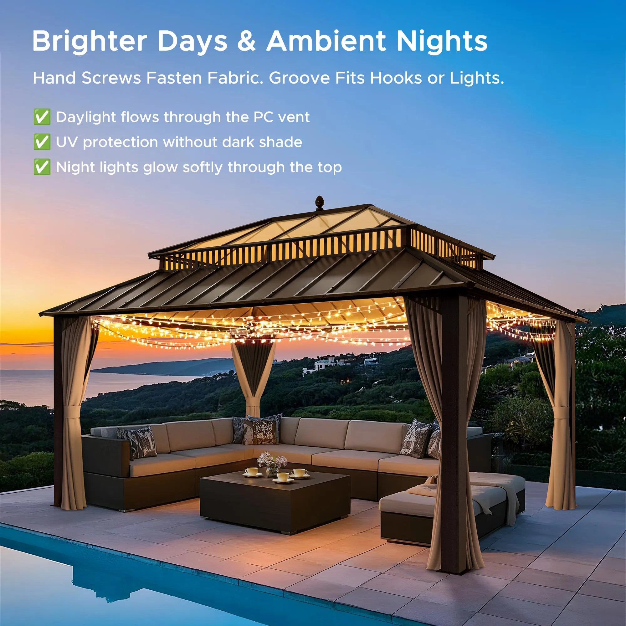 SUNJOY Kingston 12x16 Gazebo with Netting & Curtain | Steel & PC Roof - Brown Aluminum Posts