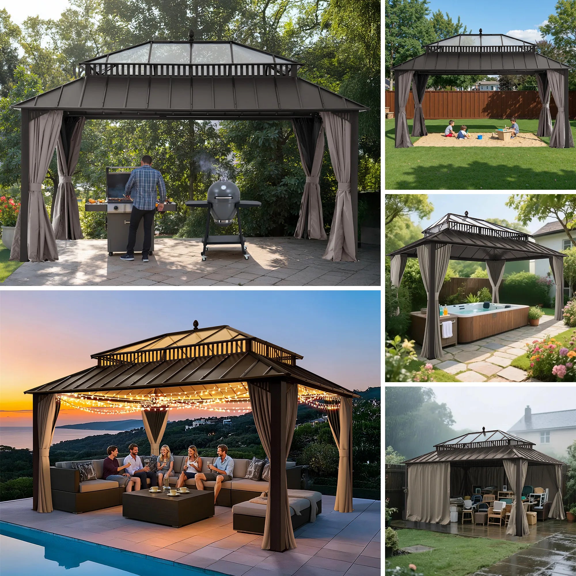 SUNJOY Kingston 12x16 Gazebo with Netting & Curtain | Steel & PC Roof - Brown Aluminum Posts