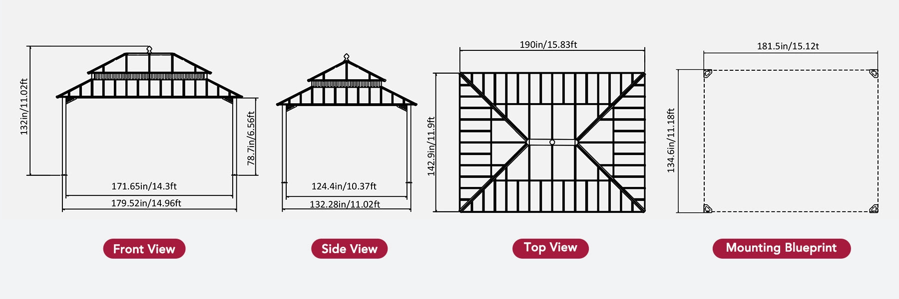 SUNJOY Kingston 12x16 Gazebo with Netting & Curtain | Steel Roof with Extra-Tall & Oversized PC Vent Top - Brown Aluminum Posts