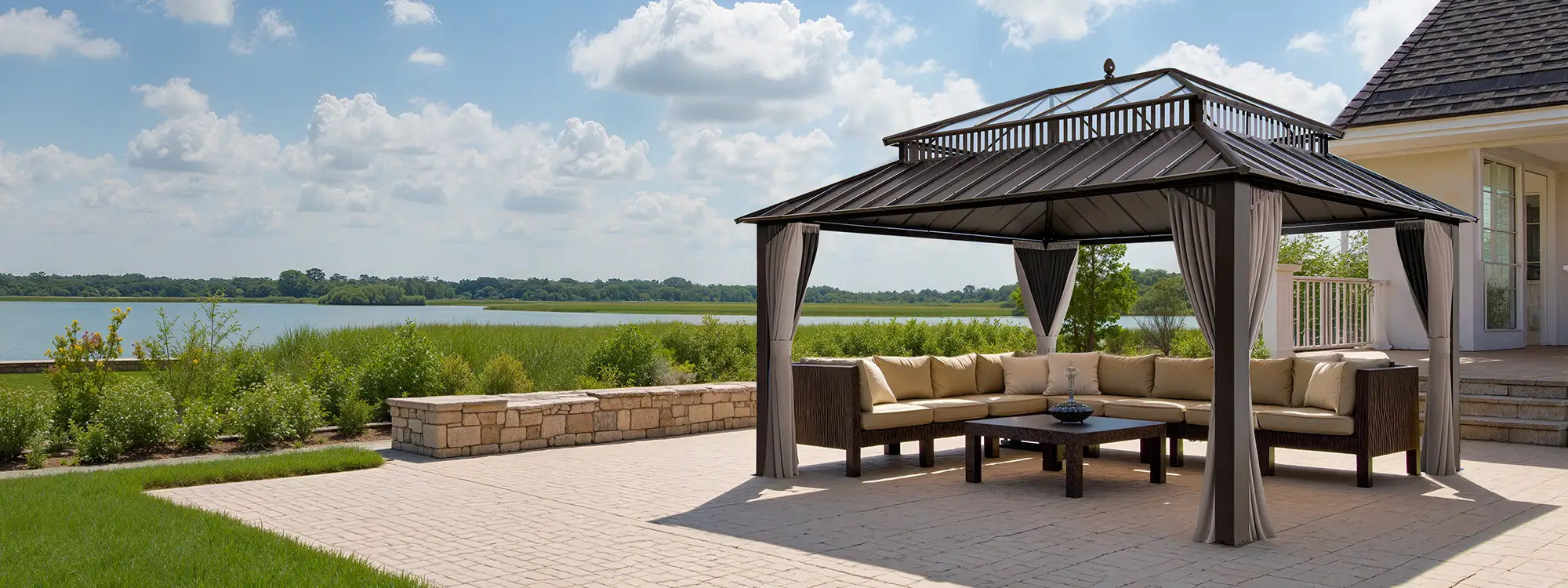 SUNJOY Kingston 12x16 Gazebo with Netting & Curtain | Steel Roof with Extra-Tall & Oversized PC Vent Top - Brown Aluminum Posts