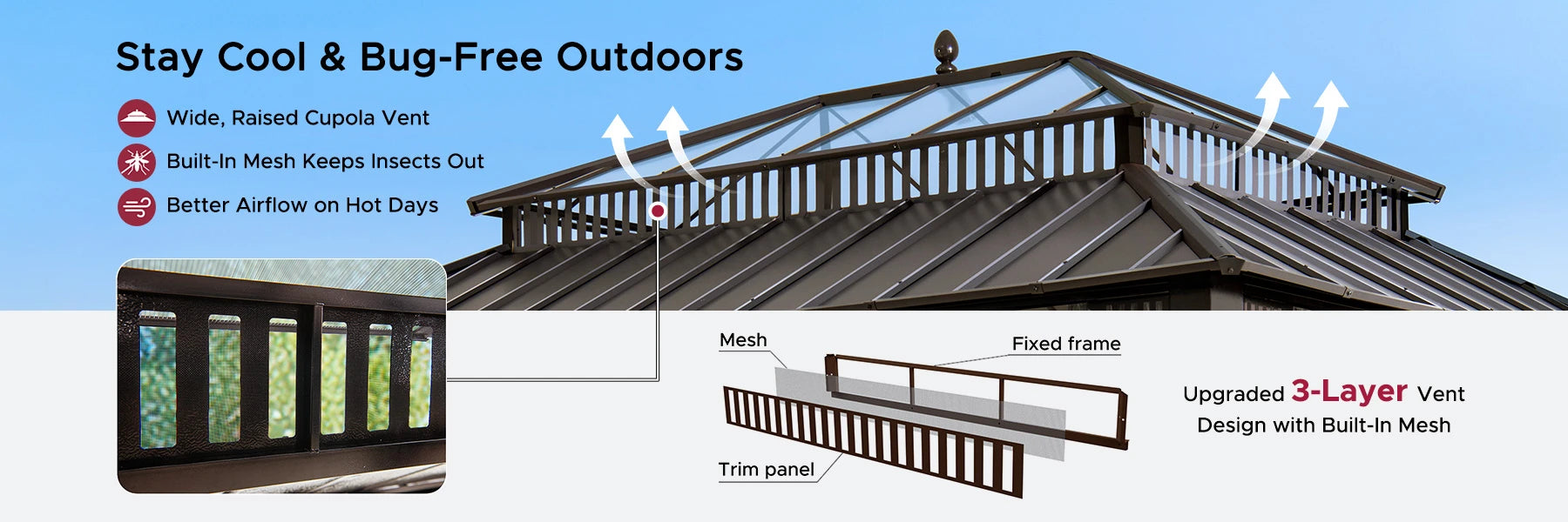 SUNJOY Kingston 12x16 Gazebo with Netting & Curtain | Steel Roof with Extra-Tall & Oversized PC Vent Top - Brown Aluminum Posts