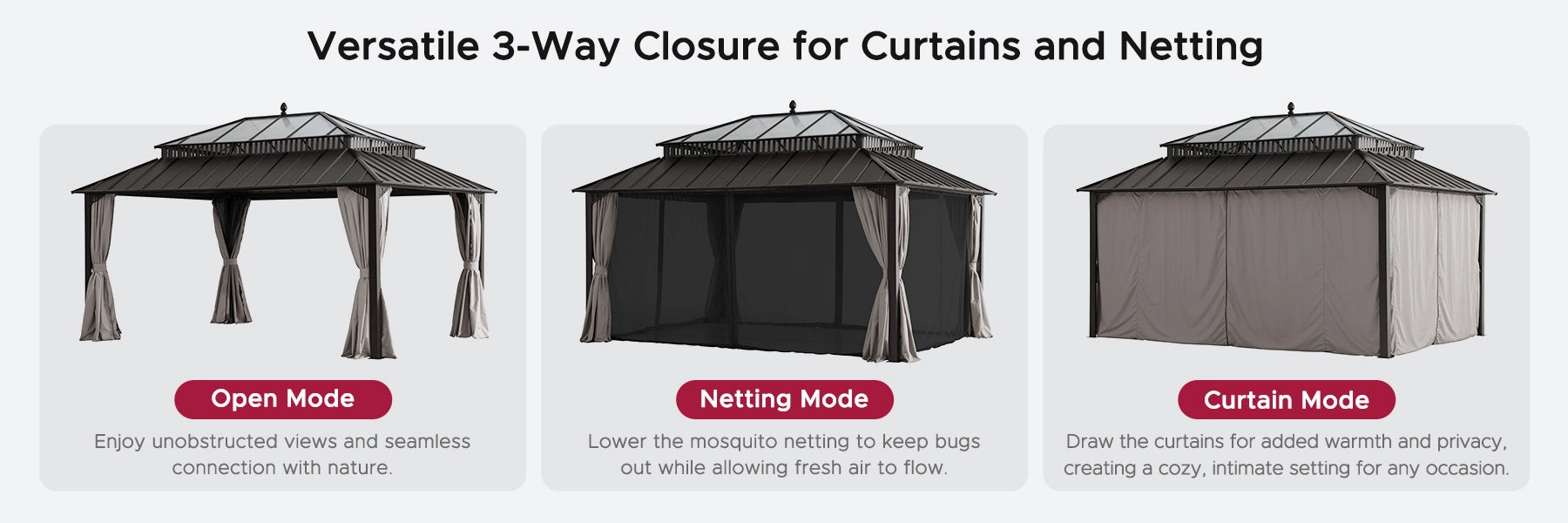 SUNJOY Kingston 12x16 Gazebo with Netting & Curtain | Steel Roof with Extra-Tall & Oversized PC Vent Top - Brown Aluminum Posts