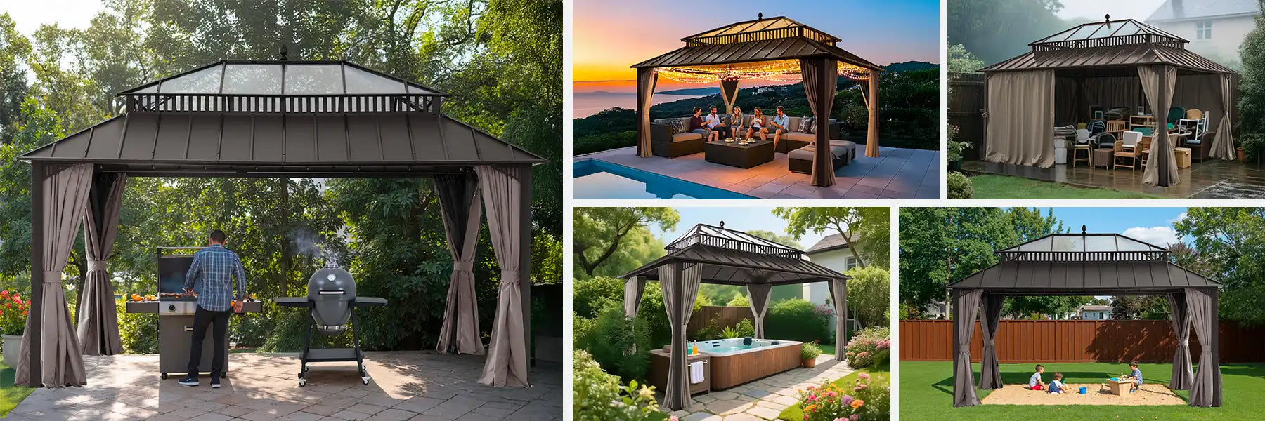 SUNJOY Kingston 12x16 Gazebo with Netting & Curtain | Steel Roof with Extra-Tall & Oversized PC Vent Top - Brown Aluminum Posts