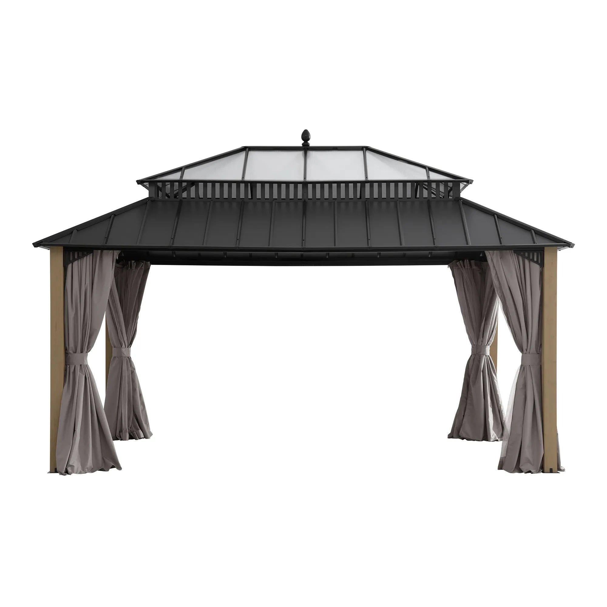 SUNJOY Kingston 12x16 Gazebo with Netting & Curtain | Steel Roof with Extra-Tall & Oversized PC Vent Top - Wood Posts