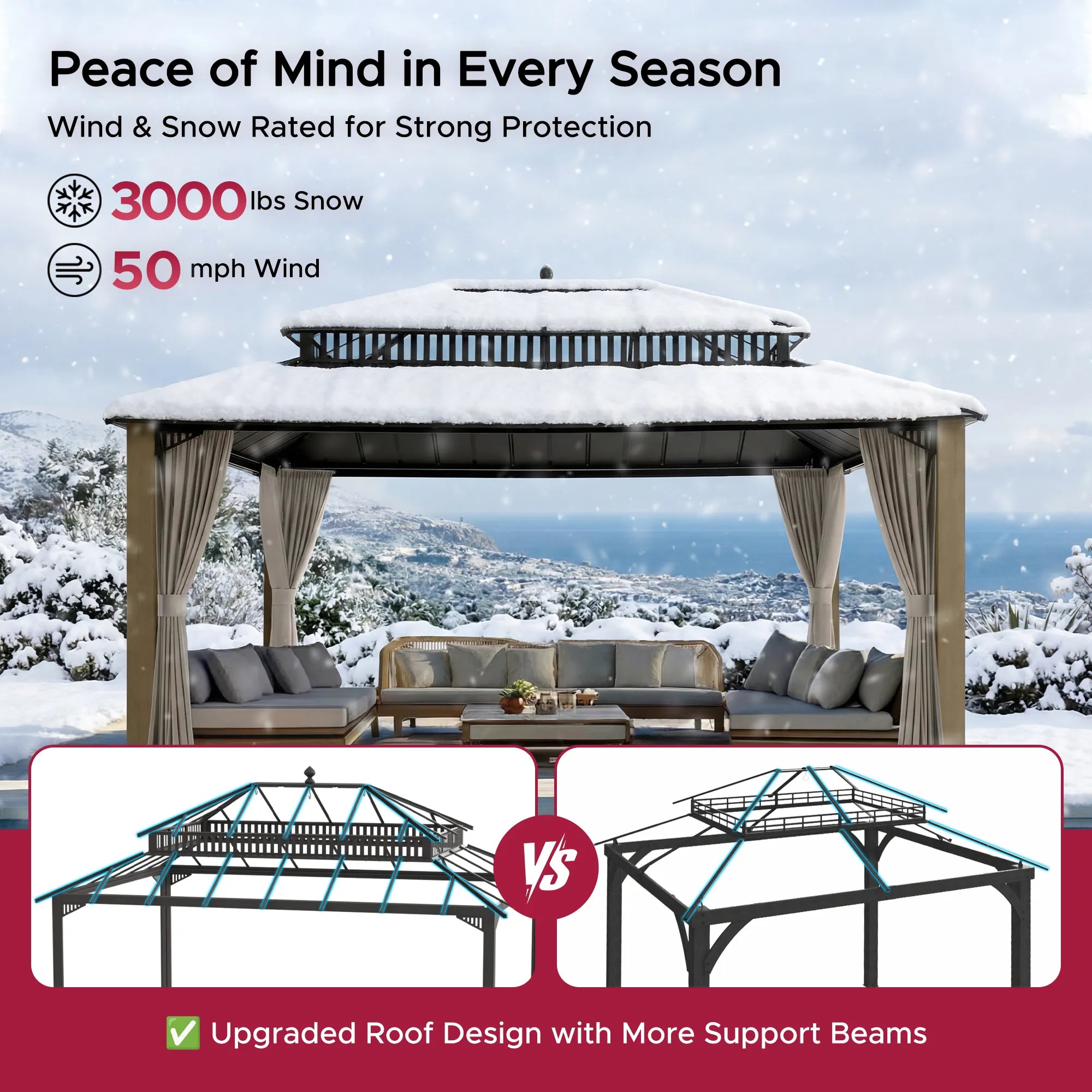 SUNJOY Kingston 12x16 Gazebo with Netting & Curtain | Steel Roof with Extra-Tall & Oversized PC Vent Top - Wood Posts