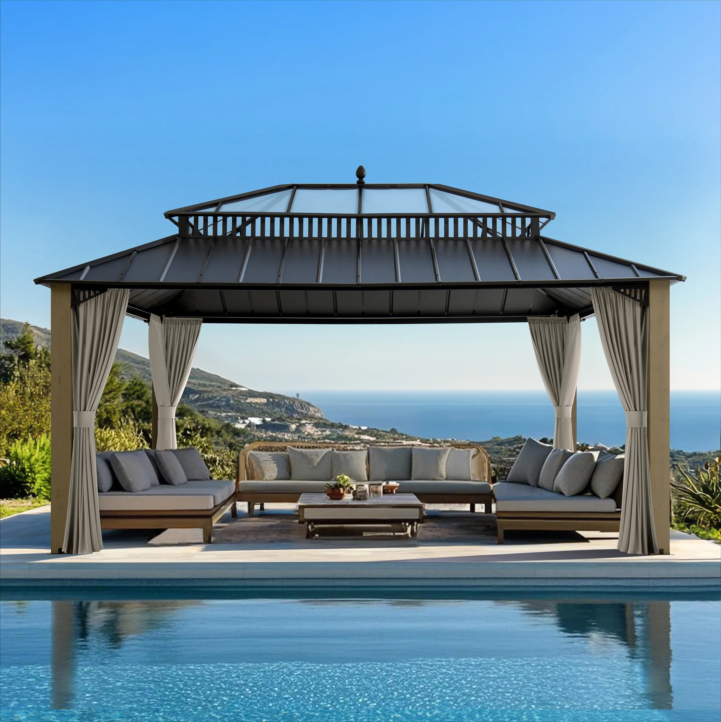 SUNJOY Kingston 12x16 Gazebo with Netting & Curtain | Steel Roof with Extra-Tall & Oversized PC Vent Top - Wood Posts