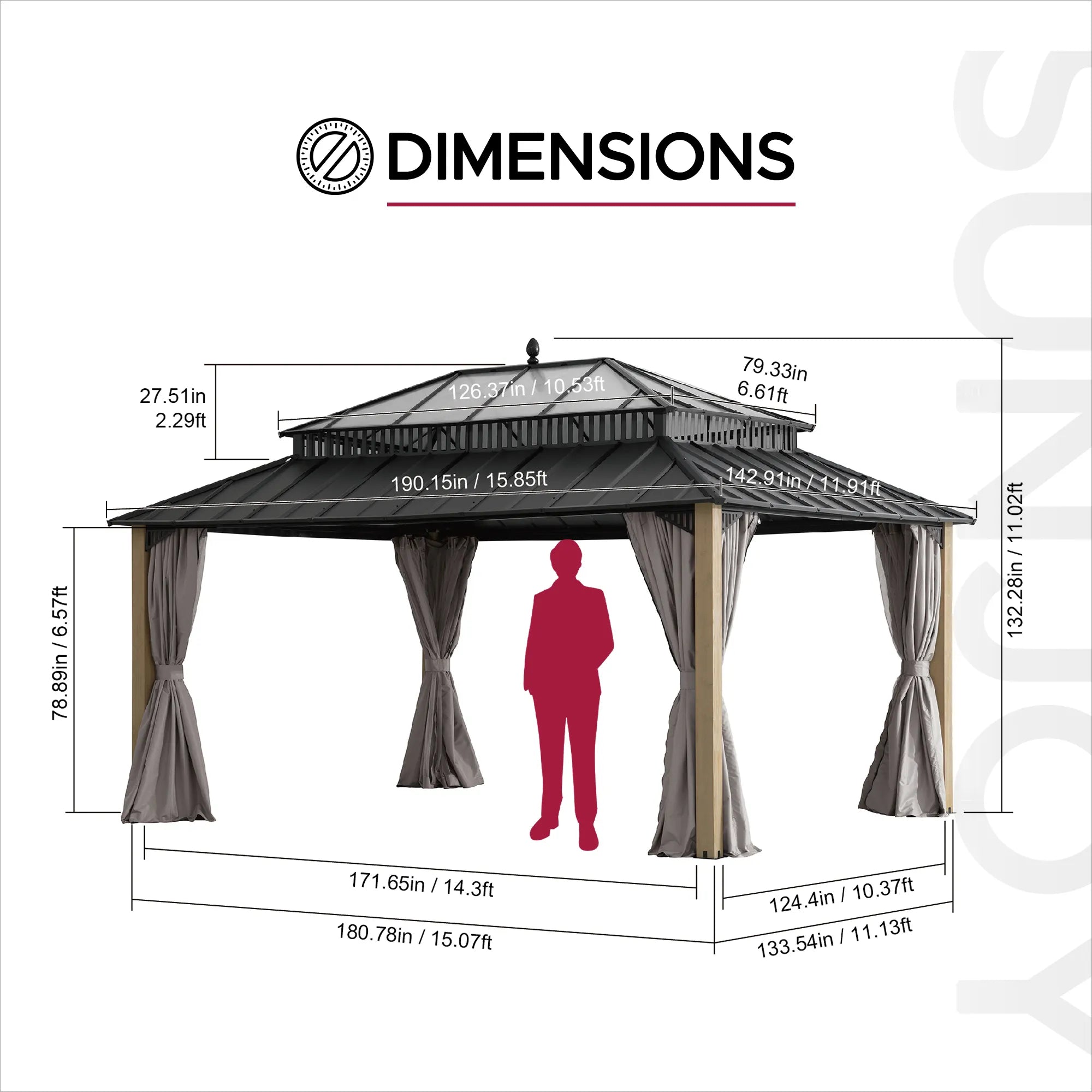 SUNJOY Kingston 12x16 Gazebo with Netting & Curtain | Steel Roof with Extra-Tall & Oversized PC Vent Top - Wood Posts