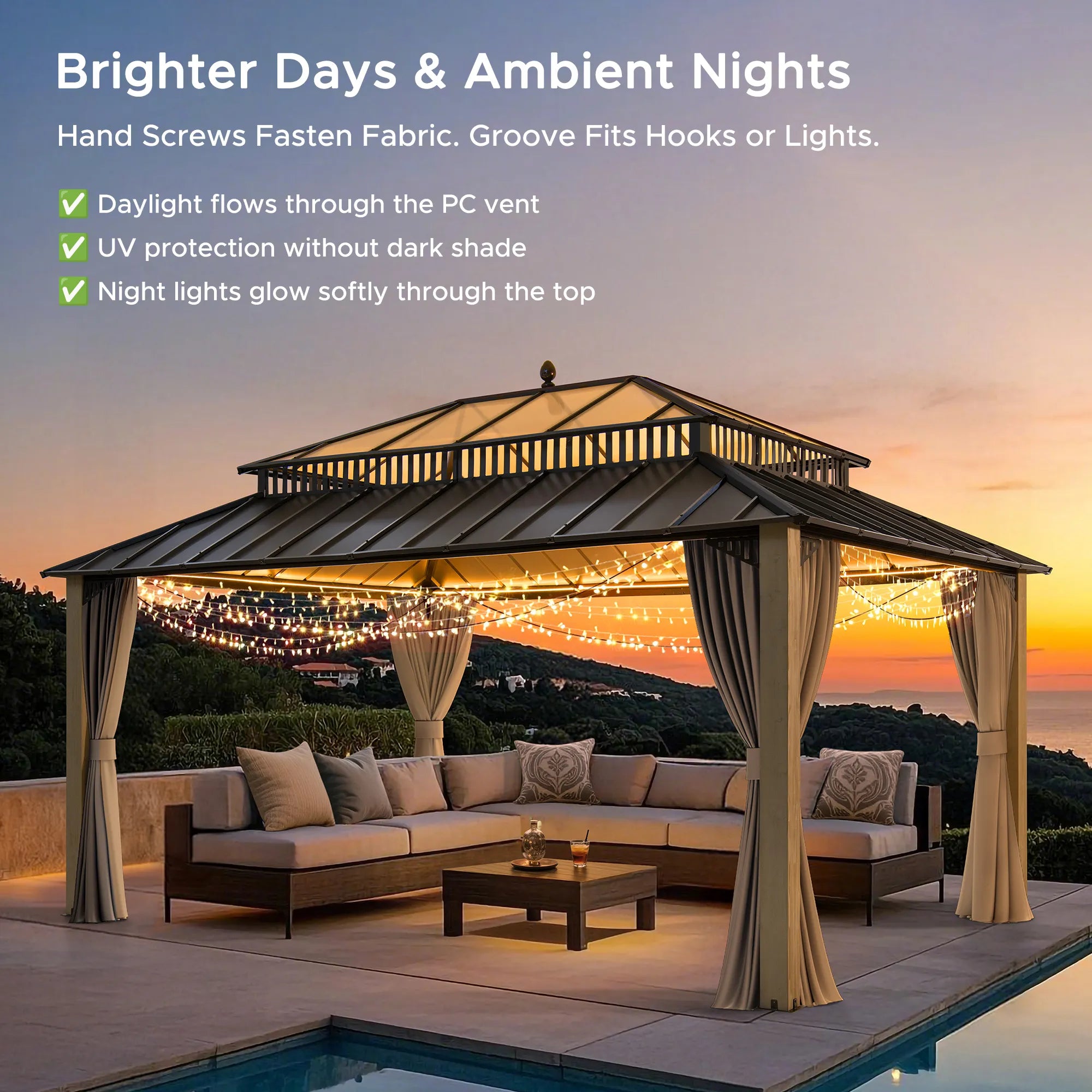 SUNJOY Kingston 12x16 Gazebo with Netting & Curtain | Steel Roof with Extra-Tall & Oversized PC Vent Top - Wood Posts