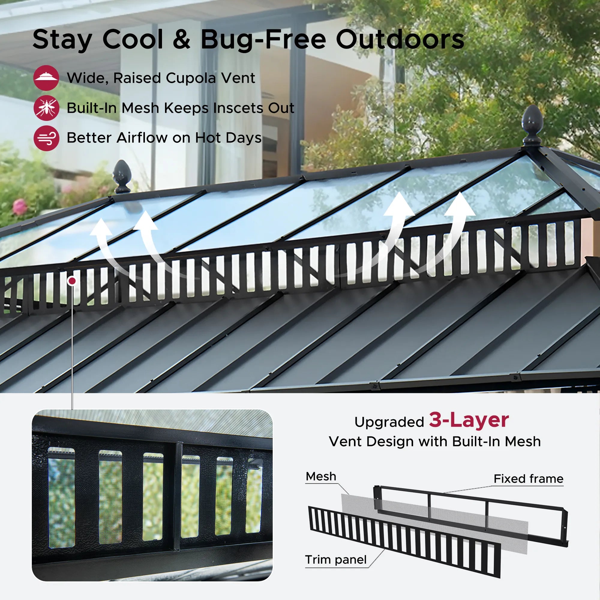 SUNJOY Kingston 12x20 Gazebo with Netting & Curtain | Steel & PC Roof - Woodgrain Aluminum Posts