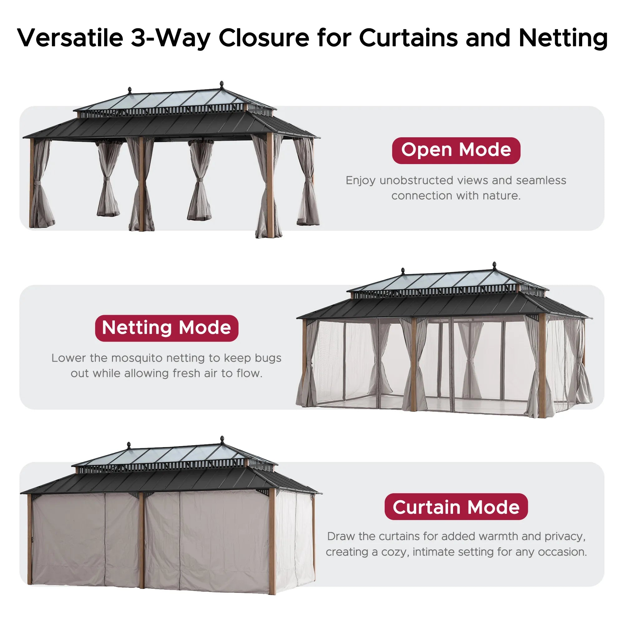 SUNJOY Kingston 12x20 Gazebo with Netting & Curtain | Steel & PC Roof - Woodgrain Aluminum Posts