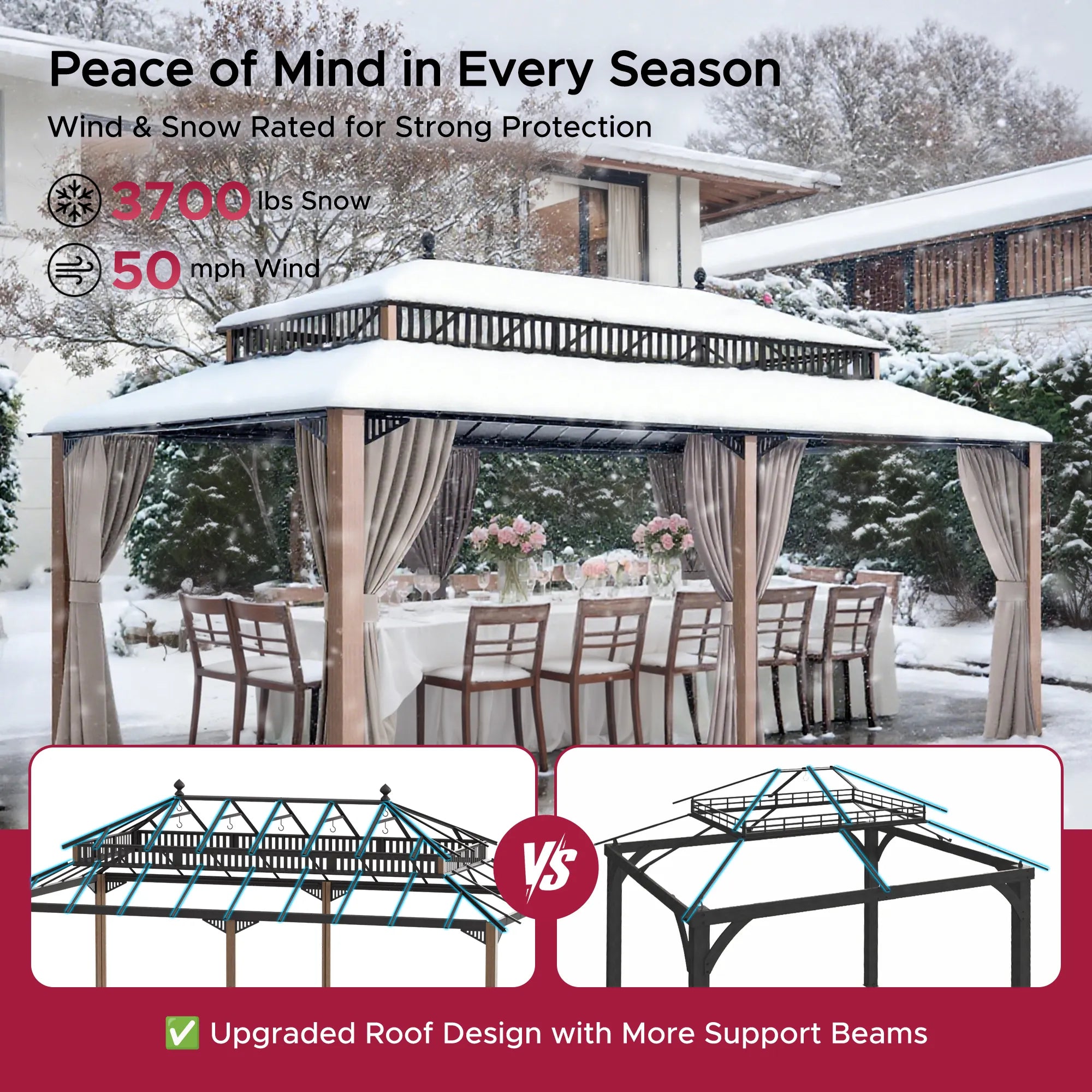 SUNJOY Kingston 12x20 Gazebo with Netting & Curtain | Steel & PC Roof - Woodgrain Aluminum Posts