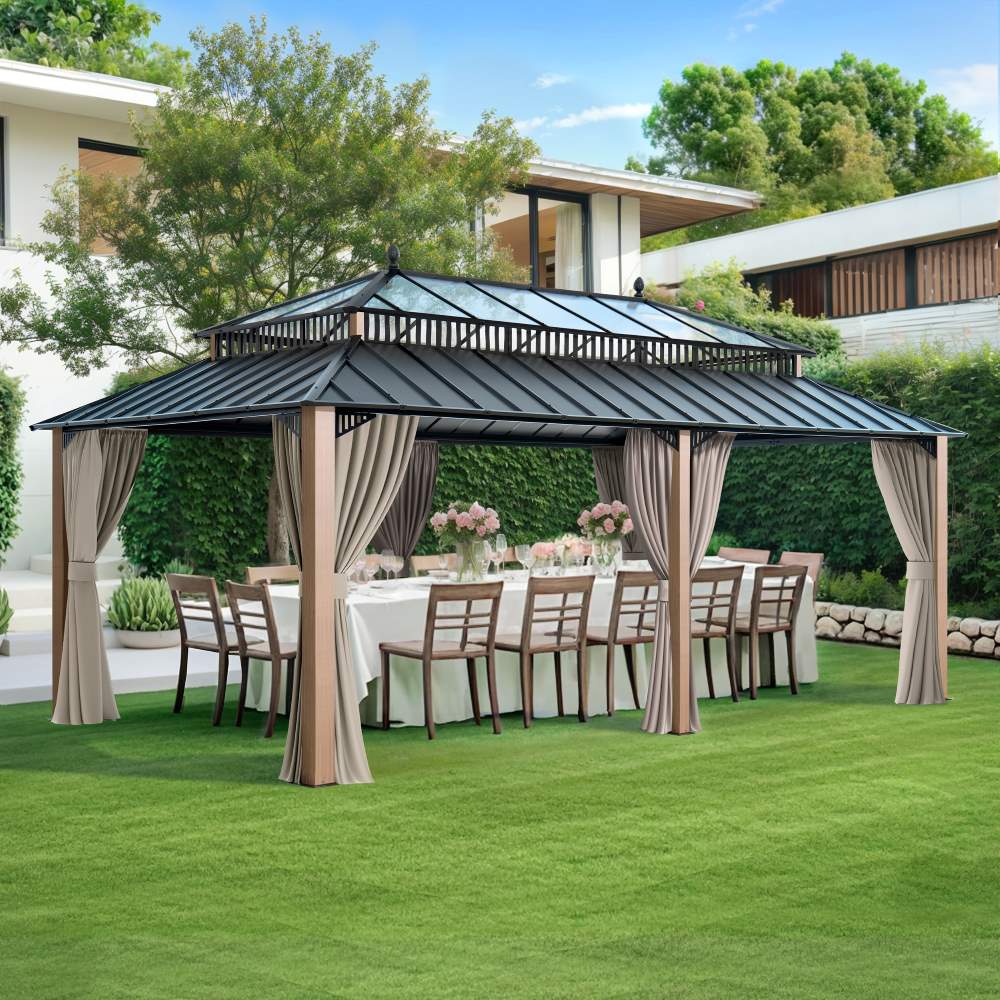 SUNJOY Kingston 12x20 Gazebo with Netting & Curtain | Steel & PC Roof - Woodgrain Aluminum Posts