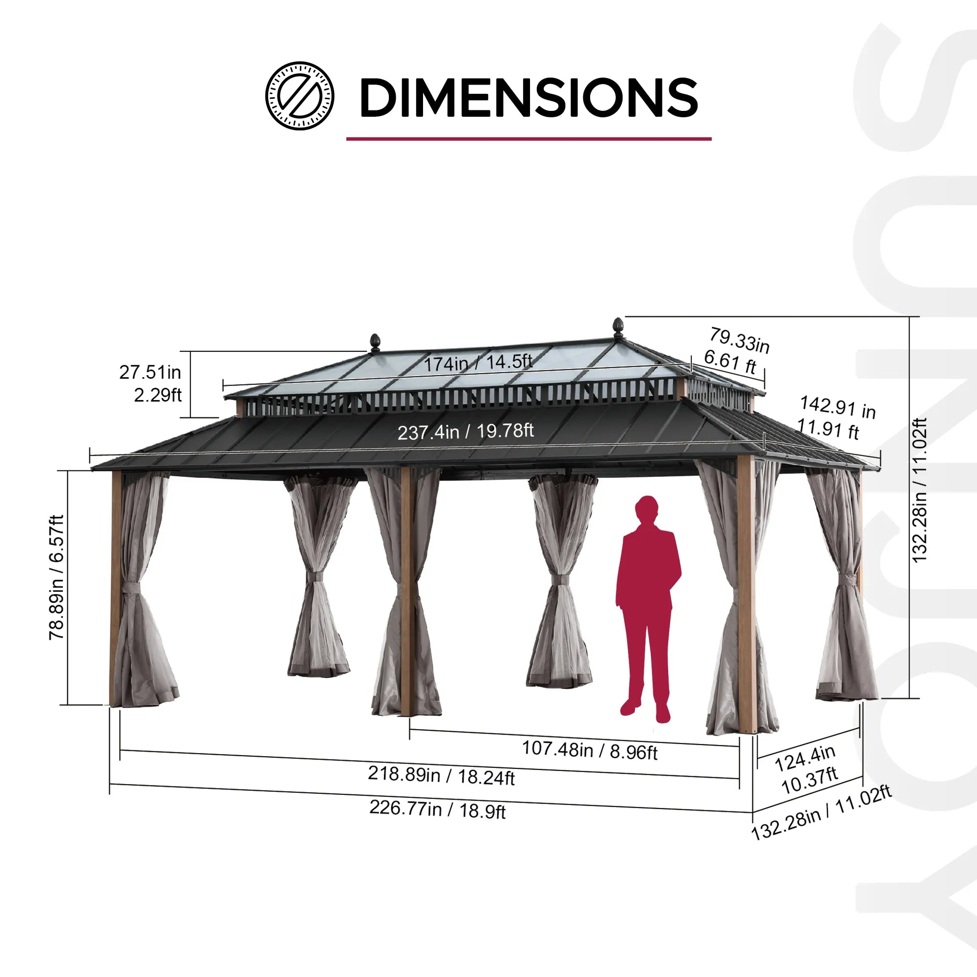 SUNJOY Kingston 12x20 Gazebo with Netting & Curtain | Steel & PC Roof - Woodgrain Aluminum Posts