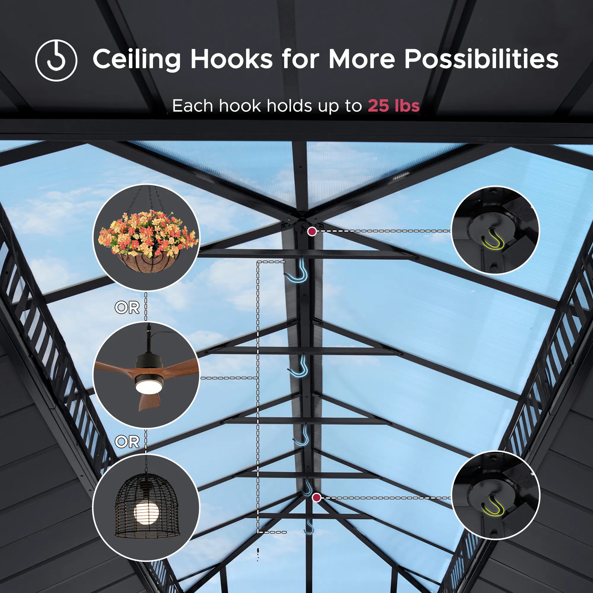 SUNJOY Kingston 12x20 Gazebo with Netting & Curtain | Steel & PC Roof - Woodgrain Aluminum Posts