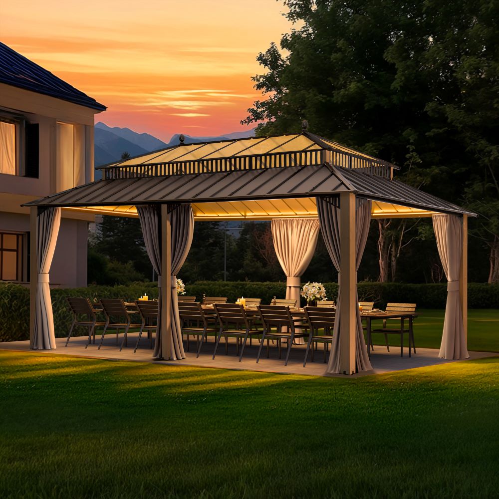 SUNJOY Kingston 12x20 Gazebo with Netting & Curtain | Steel & PC Roof - Woodgrain Aluminum Posts