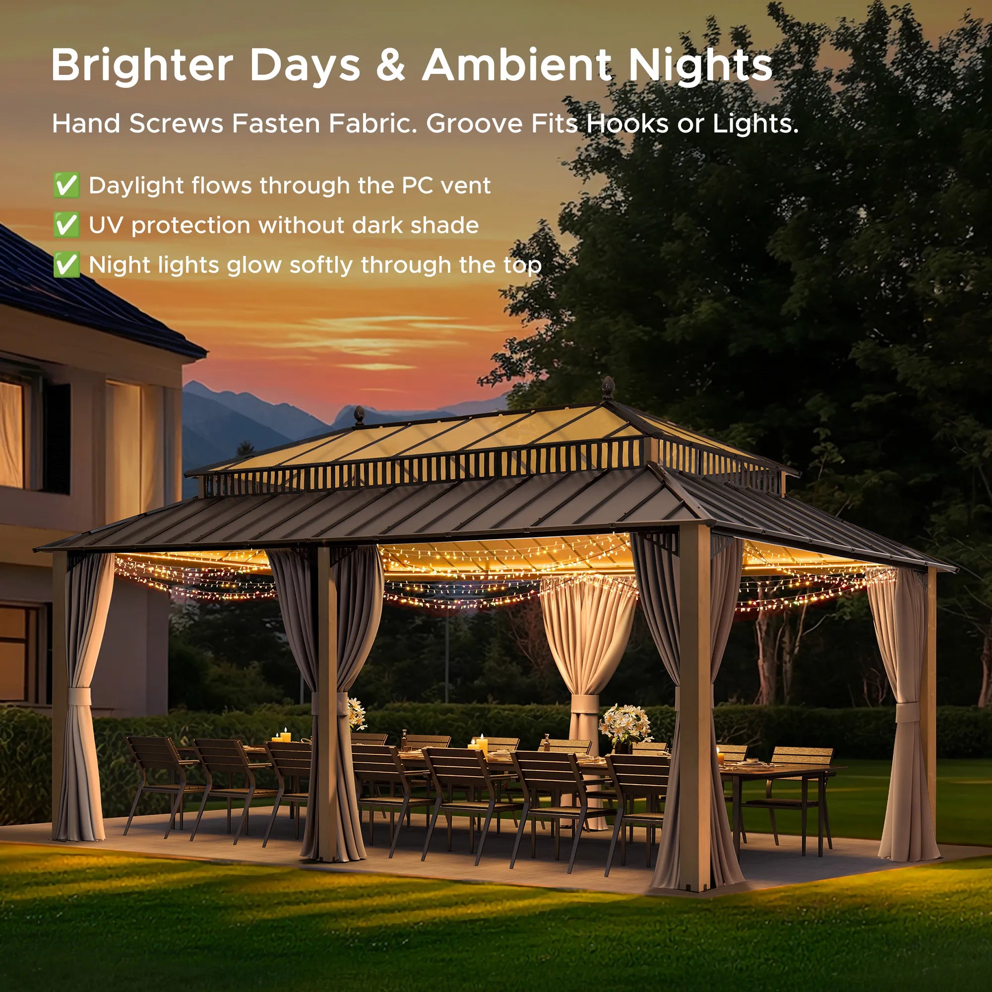 SUNJOY Kingston 12x20 Gazebo with Netting & Curtain | Steel & PC Roof - Woodgrain Aluminum Posts