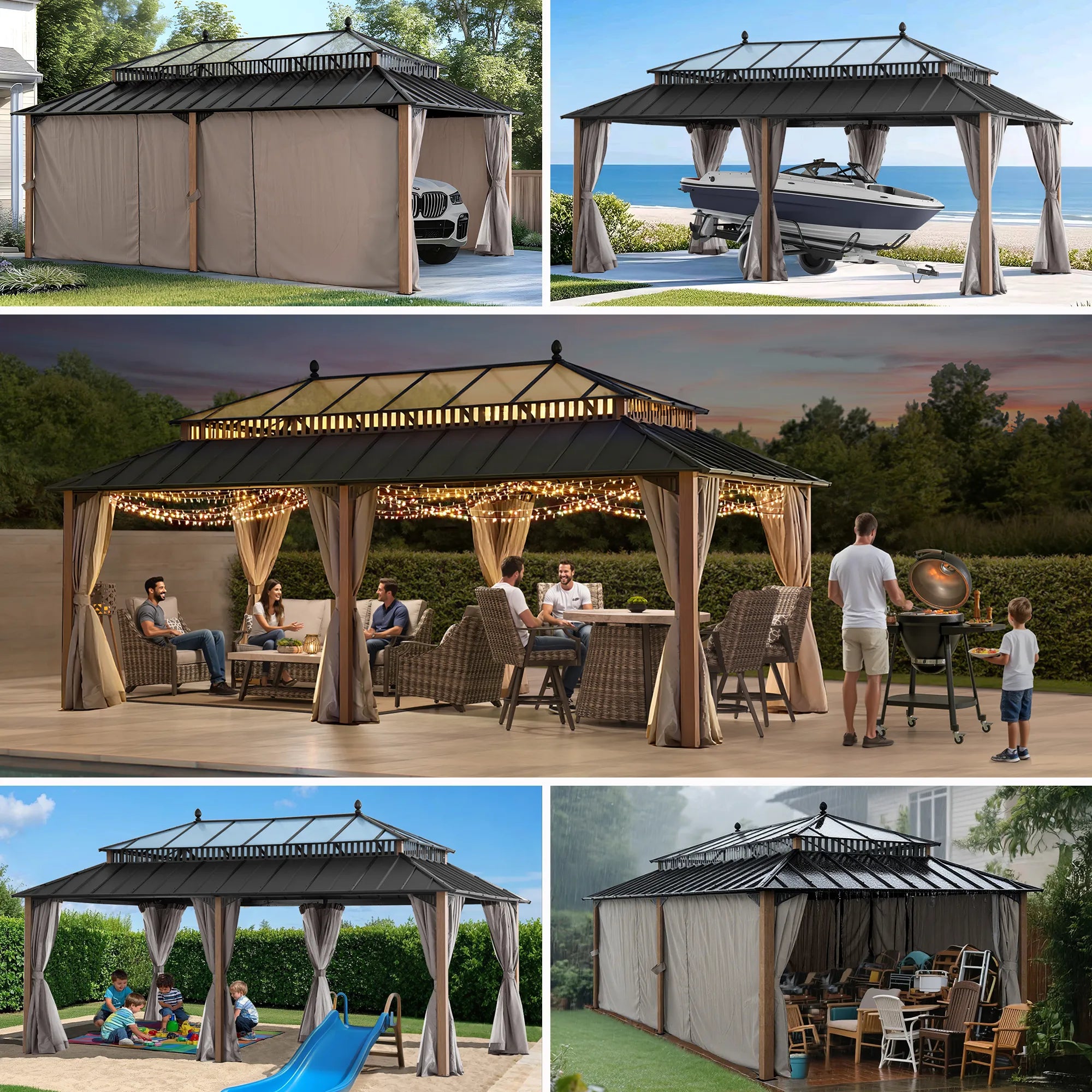 SUNJOY Kingston 12x20 Gazebo with Netting & Curtain | Steel & PC Roof - Woodgrain Aluminum Posts
