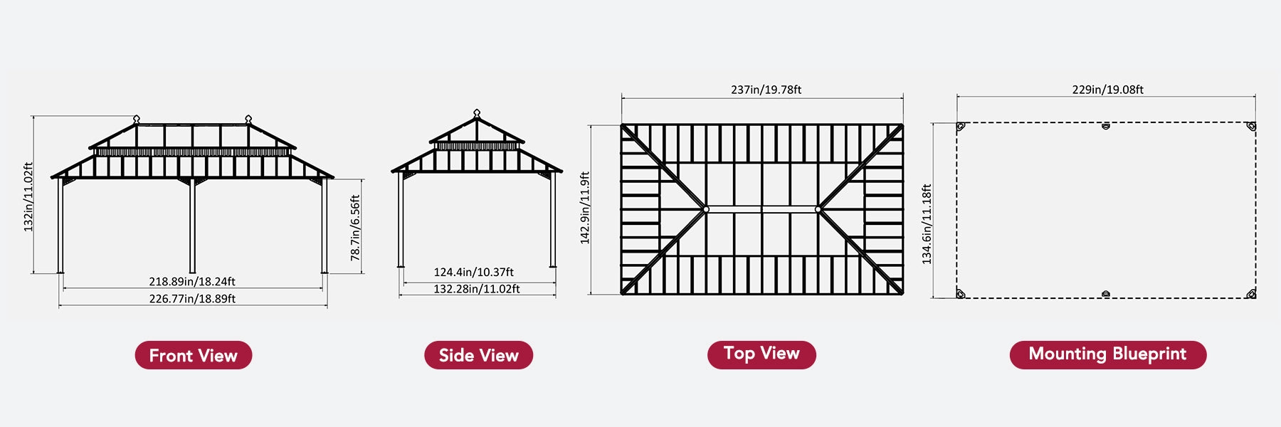 SUNJOY Kingston 12x20 Gazebo with Netting & Curtain | Steel Roof with Extra-Tall & Oversized PC Vent Top - Woodgrain Aluminum Posts