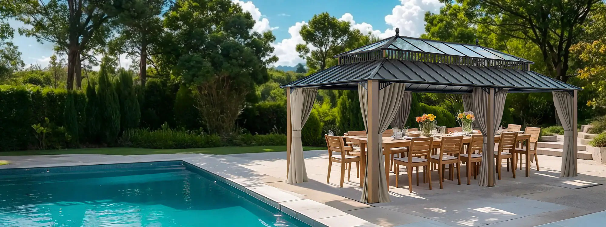 SUNJOY Kingston 12x20 Gazebo with Netting & Curtain | Steel Roof with Extra-Tall & Oversized PC Vent Top - Woodgrain Aluminum Posts