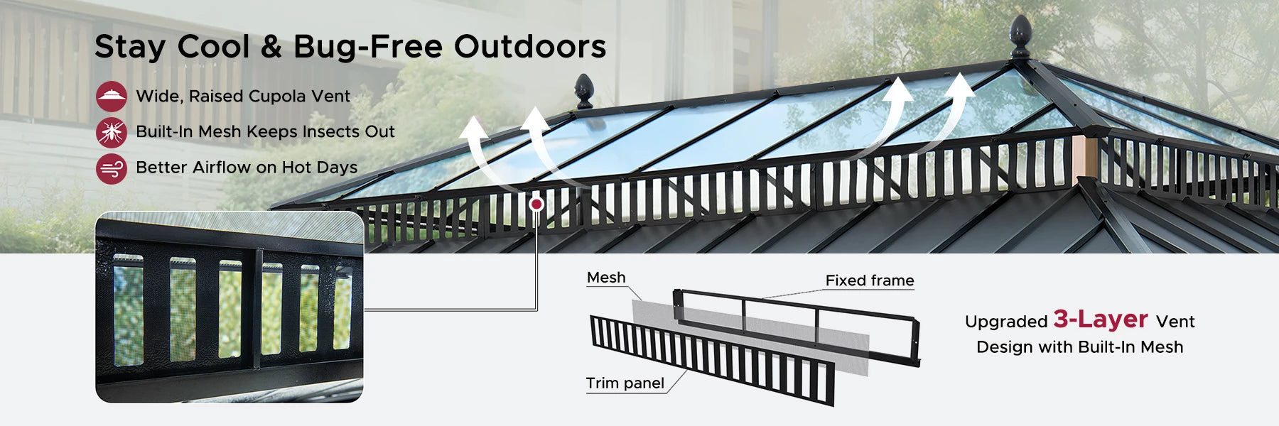 SUNJOY Kingston 12x20 Gazebo with Netting & Curtain | Steel Roof with Extra-Tall & Oversized PC Vent Top - Woodgrain Aluminum Posts